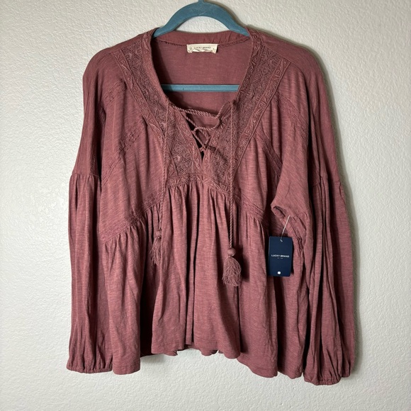 NWT Lucky Brand Lace Up Rose Brown Trim Peasant Top size Small - Picture 2 of 7